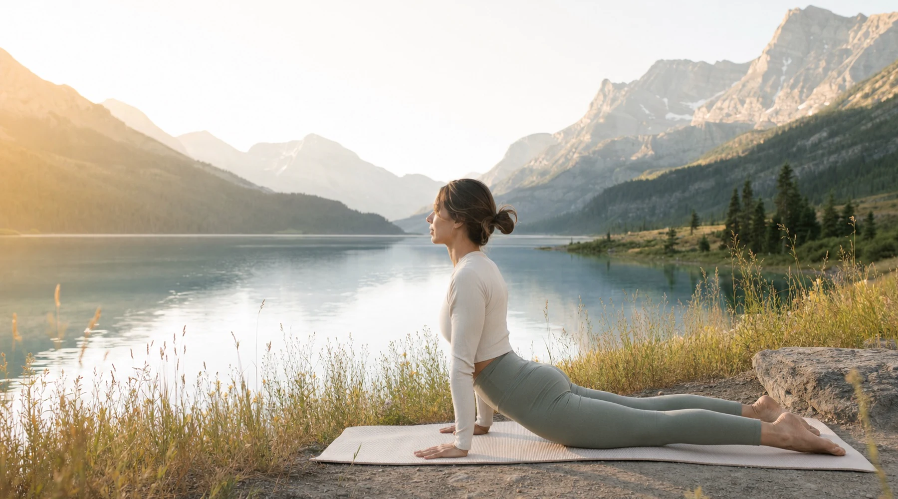 A woman practicing yoga beside a mountain lake